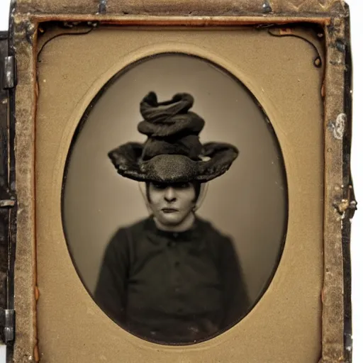 Image similar to a wet plate photo of a boa constrictor : : 1 snake : : 1 0 wearing a tiny jester hat : : 5 h 7 6 0