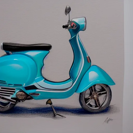 Image similar to hyper realistic pencil drawing of a turquoise vespa moped, water color, detailed, rim light, diffused, intricate, by anna dittmann,