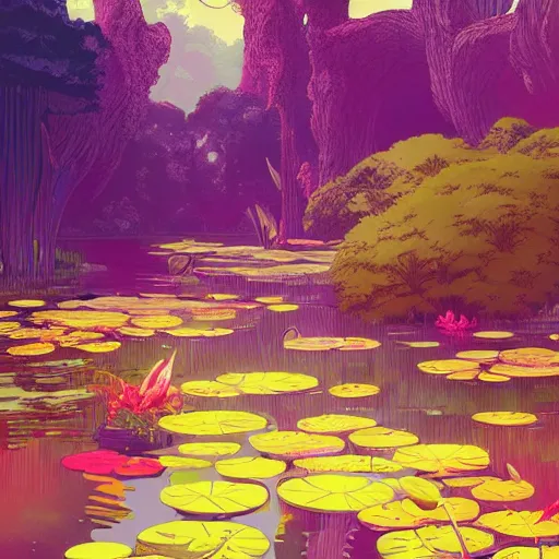 Image similar to a forest and the lily pond, that looks like it is from Borderlands, colorful, strong sunshine, high contrast, light and shadow, by Feng Zhu and Loish and Laurie Greasley, Victo Ngai, Andreas Rocha, John Harris