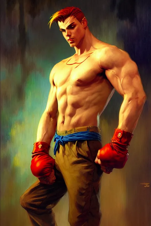 Image similar to street fighter, attractive male, character design, dynamic lighting, cool and bright tint, painting by gaston bussiere, craig mullins, j. c. leyendecker, tom of finland