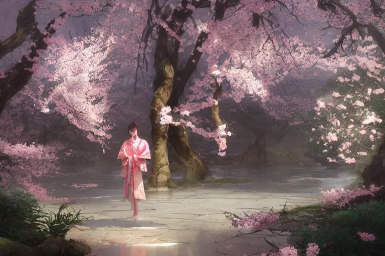 Prompt: a beautiful picture of sakura blooming in the shrine, a girl in kimonos, by greg rutkowski and thomas kinkade, trending on artstation