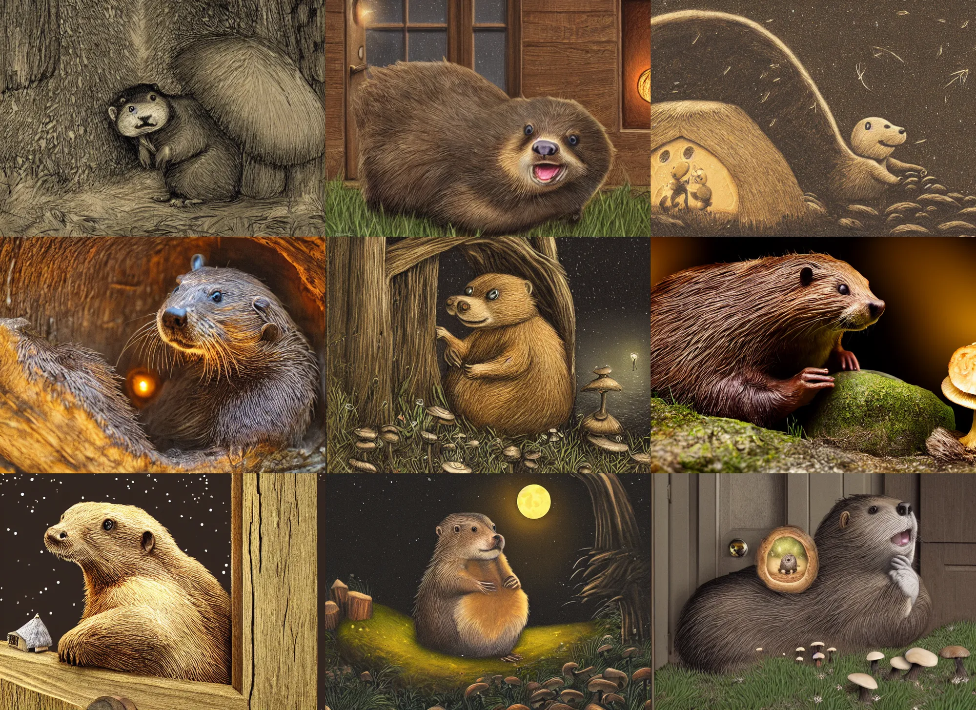 Image similar to angry anthropomorphic beaver knocking on his neighbors mushroom house door, incredibly fine detailed portrait, dynamic angle, 2 0 0 mm focal length, highly detailed, dramatic full moon lighting, many fireflies