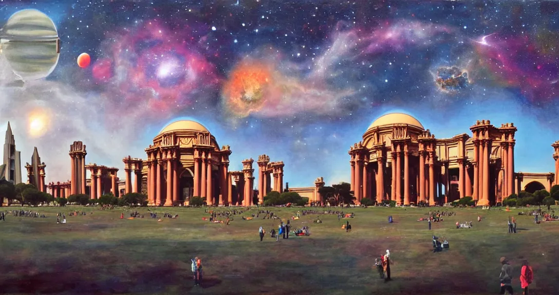 Prompt: the san francisco palace of fine arts during the intergalactic intervention, spaceships flying, realistic painting