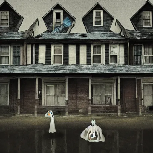 Prompt: A empty town full of ghostly children floating above the houses, photography, surrealism, dark, Crewdson, Gregory