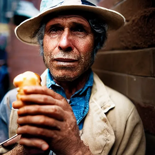 Image similar to closeup portrait of a sneaky man hiding trying to sell hotdogs in a smoky new york back street , by Annie Leibovitz and Steve McCurry, natural light, detailed face, CANON Eos C300, ƒ1.8, 35mm, 8K, medium-format print