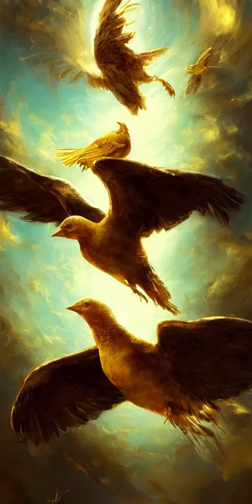 Image similar to a painting of a golden bird flying through the sky, poster art by raymond swanland, deviantart, fantasy art, christian, deviantart, mystical