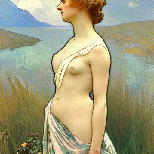 Prompt: tempera composed by alphonse mucha, by meredith marsone, by alexandre cabanel. the sculpture of two lakes in connecticut, with mountains in the distance.