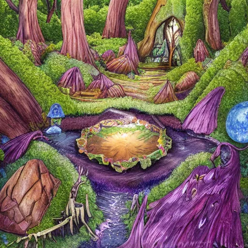 Prompt: an ultra detailed painting of a fantasy forest, nestled in the riverbank is a geode that is cracked open to reveal a witch's potions room in it