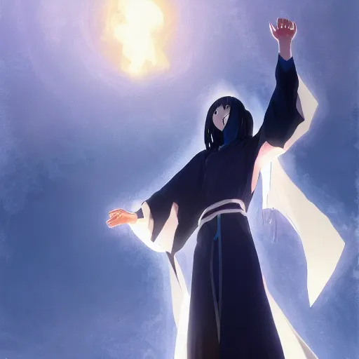 Image similar to anime girl from bleach raising her hand and casting magic, an archetype of death, deep black robe, blue orb, detailed scene, wide shot, intense colors, by Ilya Repin and Greg Rutkowski, artstation