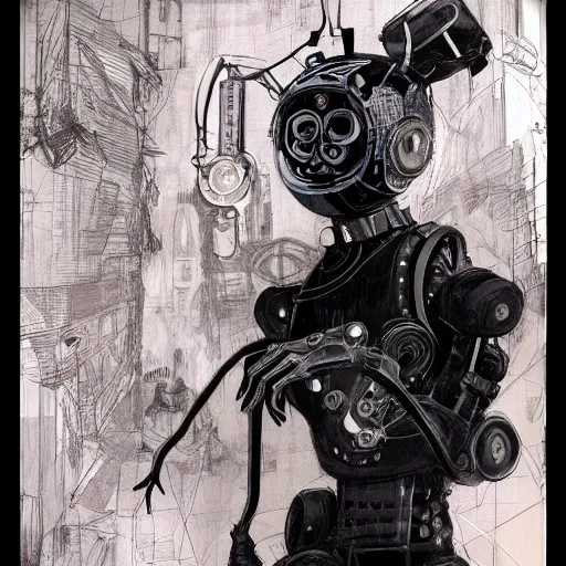 Prompt: ccyborg man, thin, short hair, small scar on the chin, a robotic arm and big shoes, sophisticated clothing with some steampunk elements, gesture dynamic, organic, appealing, book cover, deep shadows, by Dave McKean sketch lineart for character design