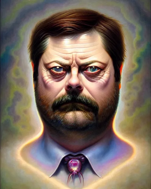 Image similar to detailed portrait of nick offerman offal!! organ meats by tomasz alen kopera and peter mohrbacher and johanna martine! and margaret keane! coherent luminescent