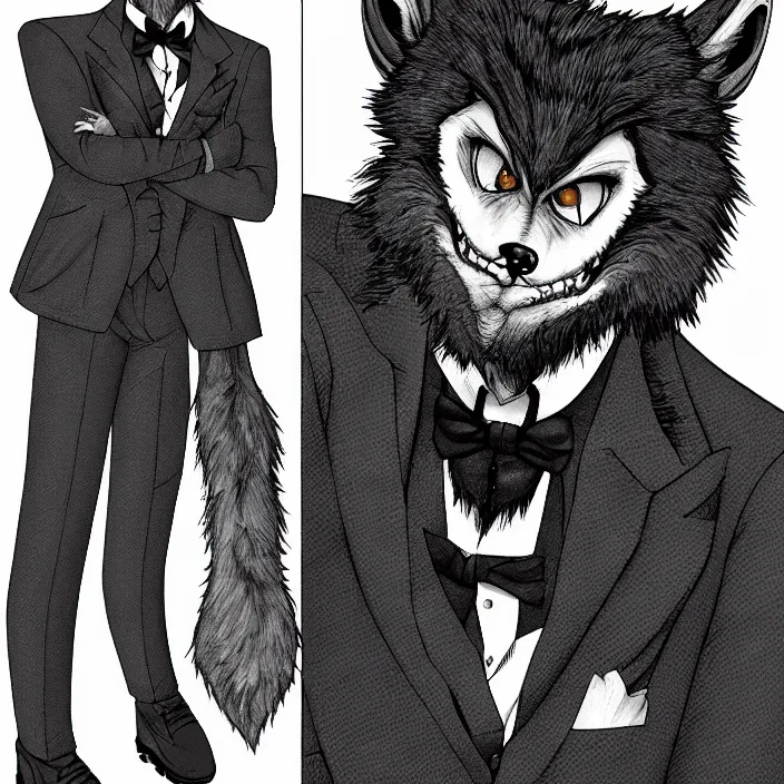 Image similar to a handsome werewolf boyfriend in a dapper suit, furry art, trending on artstation, by junji ito, 8 k