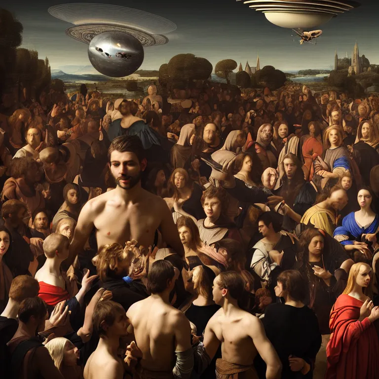Prompt: portrait of beautiful man in a crowd of medieval people surrounding UFO flying saucer, dream-like atmosphere, baroque portrait painting, perfect portrait composition, beautiful detailed intricate insanely detailed octane render trending on Artstation, 8K artistic photography, photorealistic, soft natural volumetric cinematic perfect light, chiaroscuro, award-winning photograph, masterpiece, Raphael, Caravaggio, Greg Rutkowski, Beeple