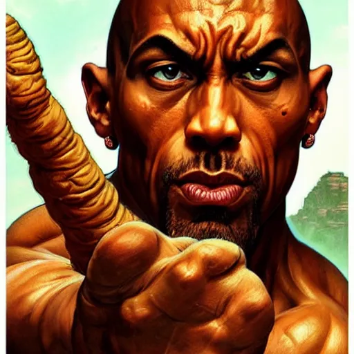 Image similar to the rock as dhalsim from street fighter, skinny, 4 k, ultra realistic, detailed focused art by artgerm and greg rutkowski and alphonse mucha