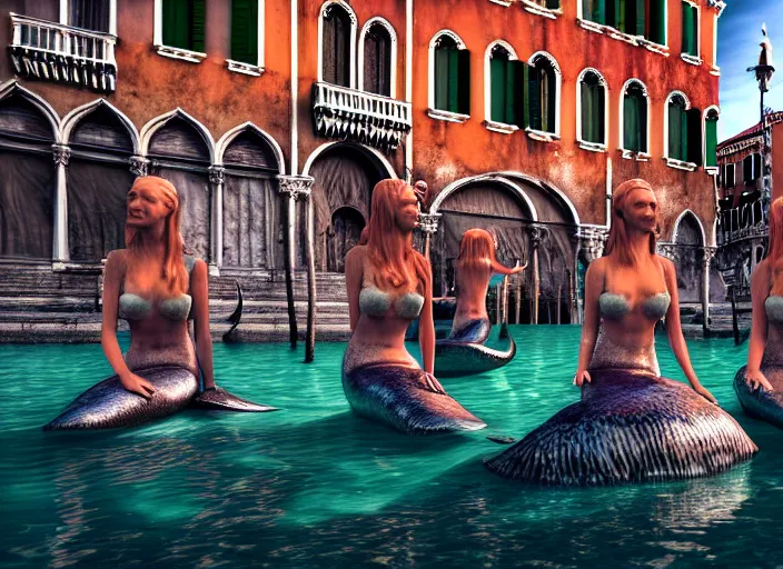 Prompt: mermaids in venice, highly detailed, 4 k, hdr, award - winning, octane render, artstation