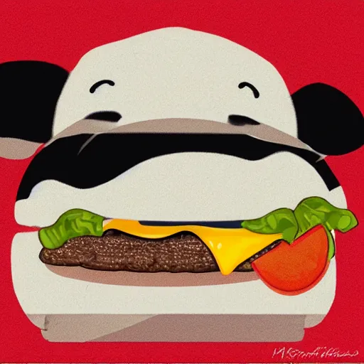 Image similar to a happy cow eating a cheeseburger, high art
