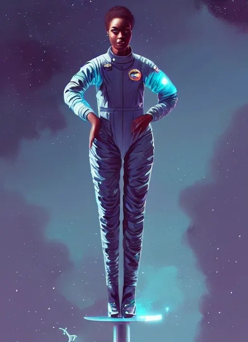 Image similar to full body portrait of young black woman as an astronaut, teal flight jumpsuit, intricate, beautiful and elegant, highly detailed, digital painting, artstation, concept art, smooth, sharp focus, illustration, art by wlop, mars ravelo and greg rutkowski