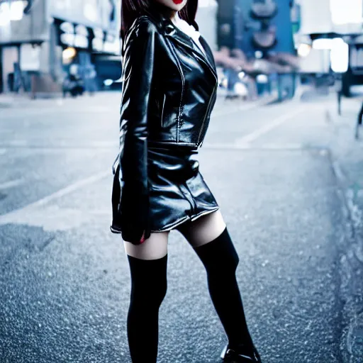 Image similar to a dynamic, epic cinematic 8K HD movie shot of a japanese beautiful cute young J-Pop idol actress yakuza rock star girl wearing leather jacket, miniskirt, nylon tights, high heels boots, gloves and jewelry. Motion, VFX, Inspirational arthouse, at Behance, with Instagram filters