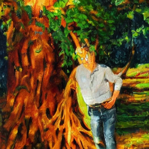 Image similar to viktor orban protecting a tree, oil painting