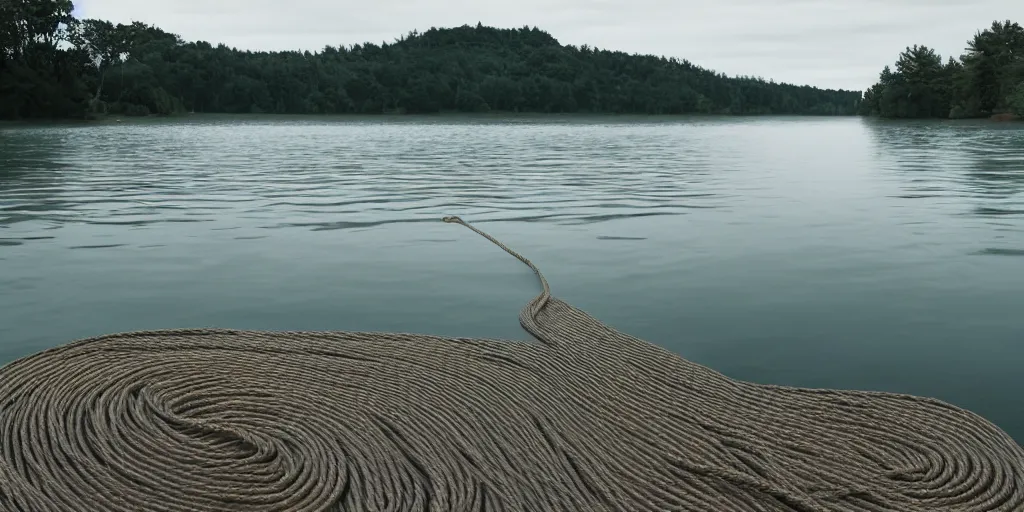 Prompt: centered photograph of a long thick rope zig zagging and snaking across the surface of the water into the distance, floating submerged rope stretching out towards the center of the lake, a dark lake on a cloudy day, color film, trees in the background and a beach shore in foreground,, hyper - detailed photo, anamorphic lens