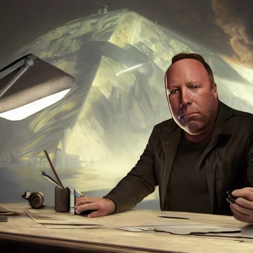 Prompt: hyperrealistic mixed media image of info wars alex jones at desk wearing tin foil hat, stunning 3 d render inspired art by xiang duan and thomas eakes and greg rutkowski, perfect facial symmetry, hyper realistic texture, realistic, highly detailed attributes and atmosphere, dim volumetric cinematic lighting, 8 k octane detailed render, post - processing, masterpiece,
