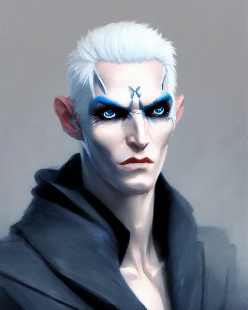 Image similar to character portrait of a slender eldar man with white hair, piercing blue eyes, and pale bluish skin, by greg rutkowski, mark brookes, jim burns, tom bagshaw, trending on artstation