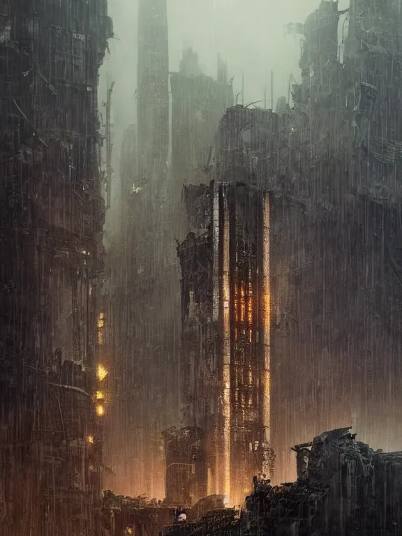 Prompt: a dark ruin city of a heart among the brutalism wreckage buildings in the rain,at dusk,by Hugh Ferriss,James Paick,Greg Rutkowski,aaron horkey,trending on pinterest,Blade Runner 2049,luxury,mythological,ultra realistic,high detail,golden ratio,cinematic lighting,maximalist