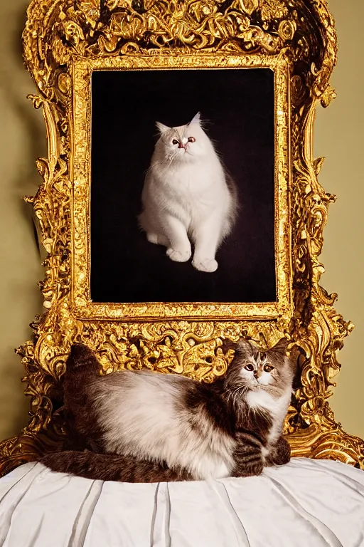 Prompt: a wet plate photo portrait of a magnificent fluffy fat royal cat on an embroidered velvet cushion on a neo - rococo gilded little bed, by david lachapelle, photorealistic, photography, wide shot