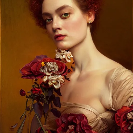 Prompt: highly detailed oil painting | very intricate | cinematic lighting | award - winning | portrait of the queen of roses dressed by alexander mcqueen | by roberto ferri, by tom bagshaw, by j. c. leyendecker and klimt, american romanticism, by austin osman spare, artstation, cgsociety, official art, octane