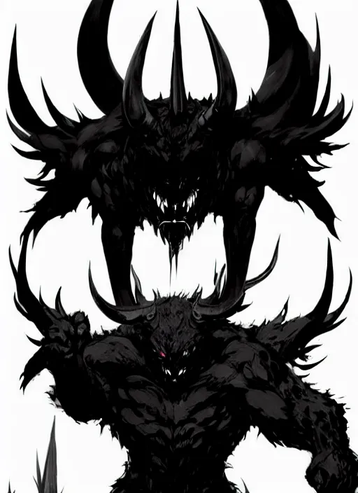 Image similar to A horned shadow demon bear spirit with sharp claws. In style of Yoji Shinkawa and Hyung-tae Kim, trending on ArtStation, dark fantasy, great composition, concept art, highly detailed.