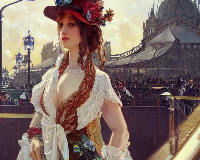 Image similar to a beautiful realistic portrait painting of liz katz in the victorian sydney australia at a horse racing derby, intricate, elegant, highly detailed, digital painting, artstation, concept art, by krenz cushart and artem demura and alphonse mucha