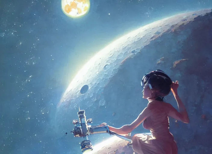 Prompt: closeup shot of a gorgeous inspiring girl in space suit doing a maintenance of a space station in orbit of the moon by Craig Mullins, ilya kuvshinov, krenz cushart, artgerm trending on artstation by Edward Hopper and Dan Mumford and WLOP and Rutkovsky, beksinski carl spitzweg moebius and tuomas kocar, intricate artwork by caravaggio, Unreal Engine 5, Lumen, Nanite