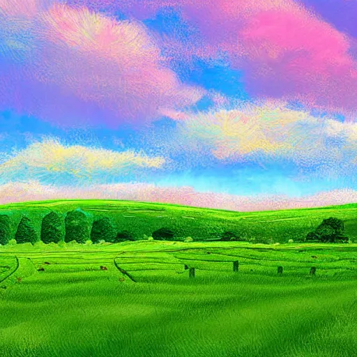 Image similar to digital art of a lush green field and a big pink sky with big fluffy clouds