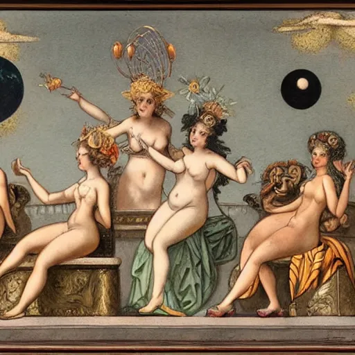 Image similar to The street art shows Venus seated on a crescent moon. She is surrounded by the goddesses Ceres and Bacchus, who are both holding cornucopias. patina, Hanna Barbera by Louis Icart, by Giovanni Battista Piranesi turbulent