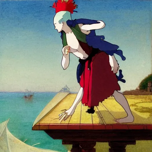 Prompt: A jester on the front of a Balustrade with a beach on the background, a colab between studio ghibli and paul delaroche