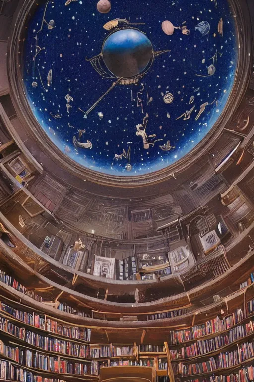 Image similar to interior of planetarium, starry ceiling, telescope and globe, shelves of books, star maps, soft lighting, mystery and silent, ultra - wide view, by gabriel yeganyan, peter mohrbacher and ghibli