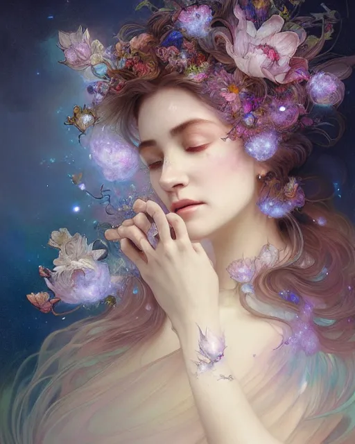 Image similar to Full View ultrarealistic Portrait ethereal fantasy deity wearing beautiful gown, flowers, spirituality, 4k digital masterpiece by Anna Dittman and Alberto Seveso Ruan Jia, rossdraws, artgerm and greg rutkowski and alphonse mucha and loish and WLOP, fantasycore, Hyperdetailed, realistic digital painting, atmospheric, fireflies, soft lighting, featured on Artstation