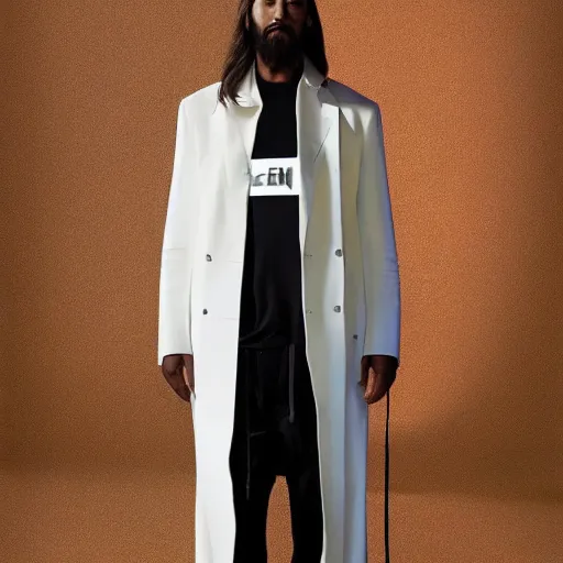 Image similar to a full body lookbook portrait of modern - day jesus wearing virgil abloh off - white menswear and sneaker collection by nicola samori, detailed, realistic oil painting, hyper - realistic, 8 k, off - white collection