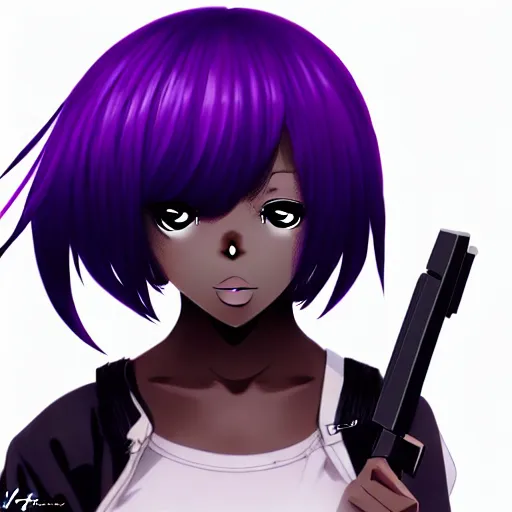 Prompt: black anime manga girl, throwing punch to camera pose, french bob hair, white hair, wearing camo, purple eyes, realistic, 4 k!!!, art station