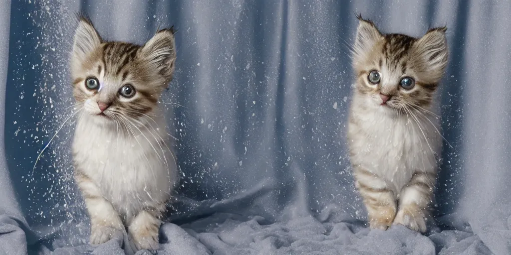 Image similar to shower curtain product catalog. wide - angle photo. on the curtain is a low - angle hero - shot watercolor of promotional still of a fluffy wet tabby kitten wrapped in a towel. the water color has ink under drawing. highly coherent, product photography of a shower curtain, product lighting. 4 k, highly detailed. saturated.