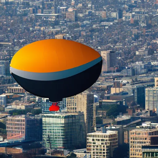Image similar to blimp. over a city with a picture of a cow