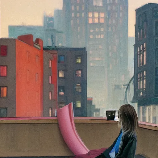 Prompt: a small rooftop with a girl and a skeleton sitting and watching the view, wearing moder clothes by ganni, modern shanghai bund is on the background, night, by edward hopper, by gregory crewdson