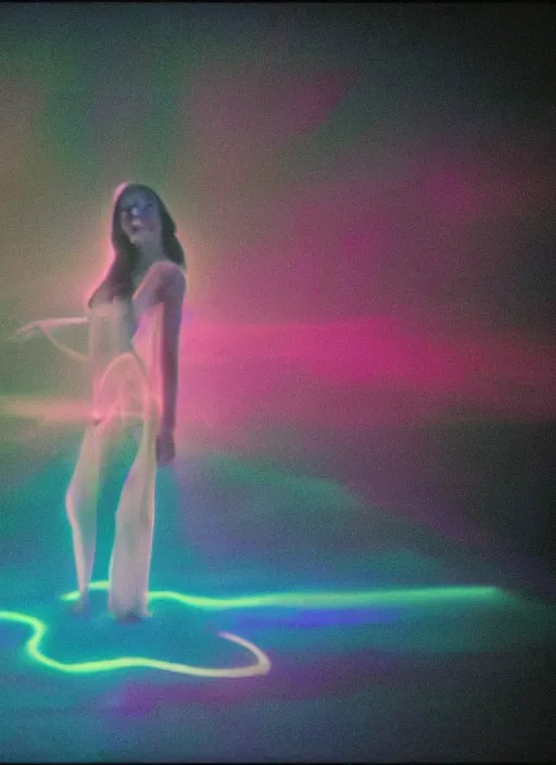 Image similar to a symmetrical female astral projection, liquid glowing aura, out of body experience, multiverse, film grain, cinematic lighting, experimental film, shot on 1 6 mm