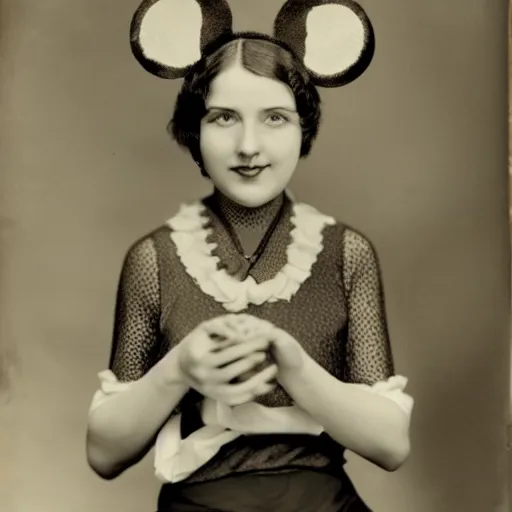 Prompt: photo of a 20-year-old young woman who looks like Minnie Mouse, 1920