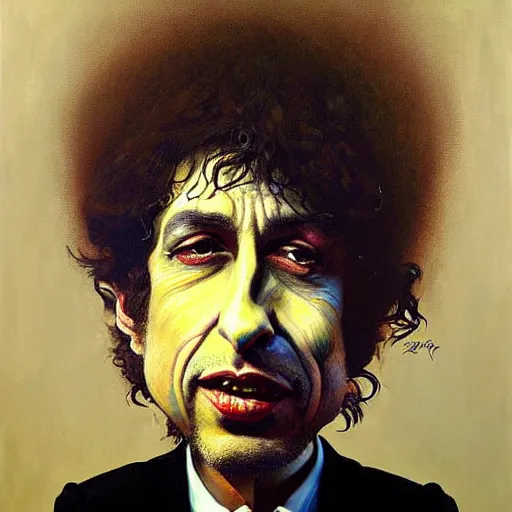 Prompt: exaggerated funny caricature portrait of bob dylan, detailed face, detailed painting, epic lighting, by ilya repin, phil hale and kent williams