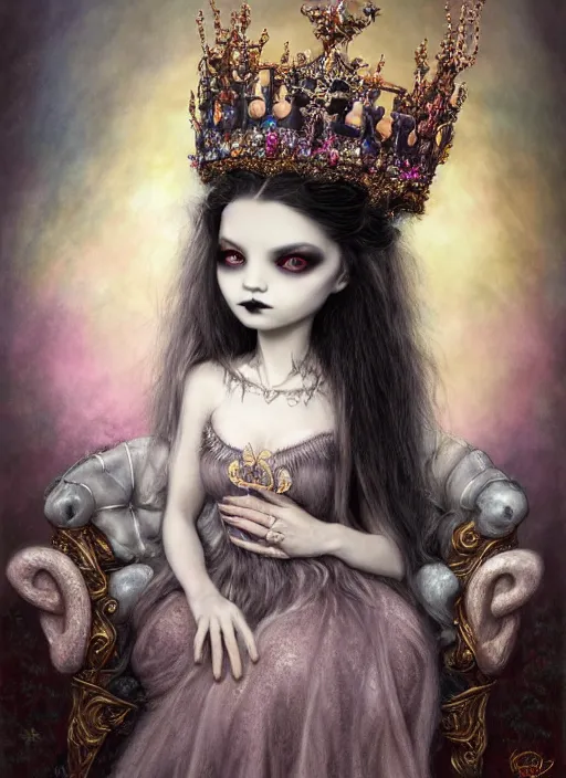 Image similar to highly detailed closeup portrait of a goth fairy princess wearing a crown and sitting on a throne, nicoletta ceccoli, mark ryden, lostfish, earl nore, global illumination, god rays, detailed and intricate environment