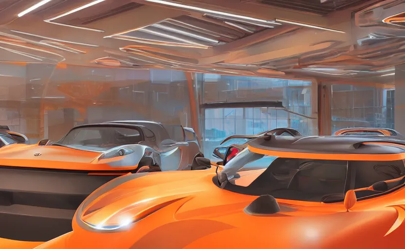 Image similar to futuristic lotus exige ( ( orange ) ) parked within interior view of futuristic auto showroom ( ( frank lloyd wright ) ) luminescent concept art, unreal engine 5, artstation highly detailed, digital art, 8 k hdr, soft lighting, hyperrealistic, godrays