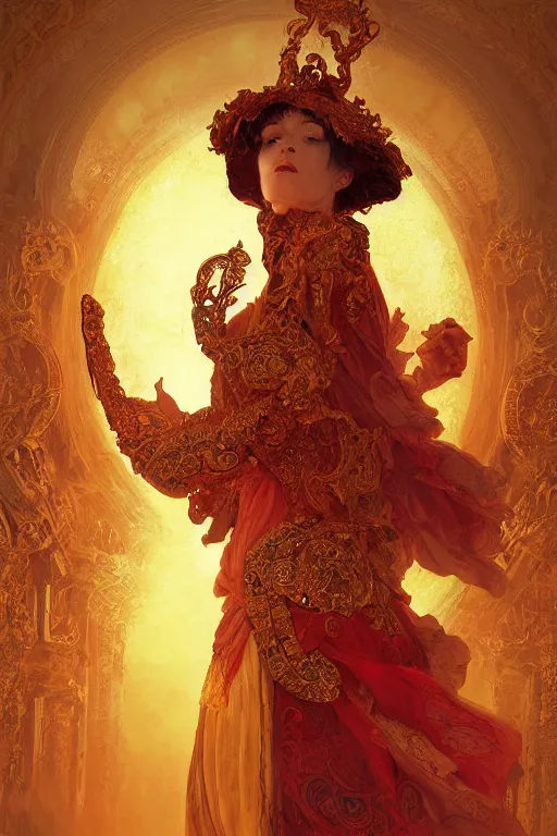 Image similar to tarot card artstation, portrait of an irish love dancer, sunrise, baroque ornamnet and rococo ornament, ancient chinese ornate, hyperdetailed, beautiful lighting, craig mullins, mucha, klimt, yoshitaka amano, red and gold and orange color palatte