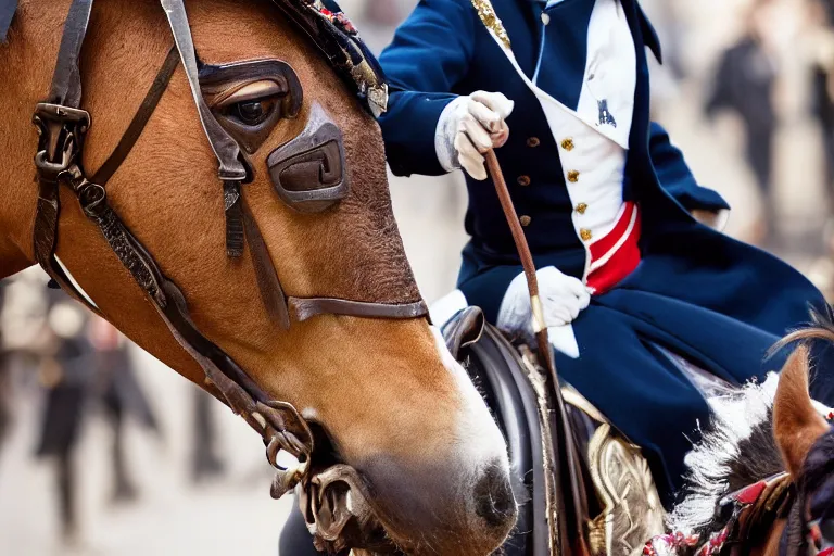 Image similar to closeup portrait of emmanuel macron dressed as napoleon riding a tiny horse in a paris street, natural light, sharp, detailed face, magazine, press, photo, steve mccurry, david lazar, canon, nikon, focus