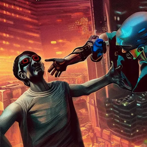 Prompt: The Creation of Adam in a cyberpunk style